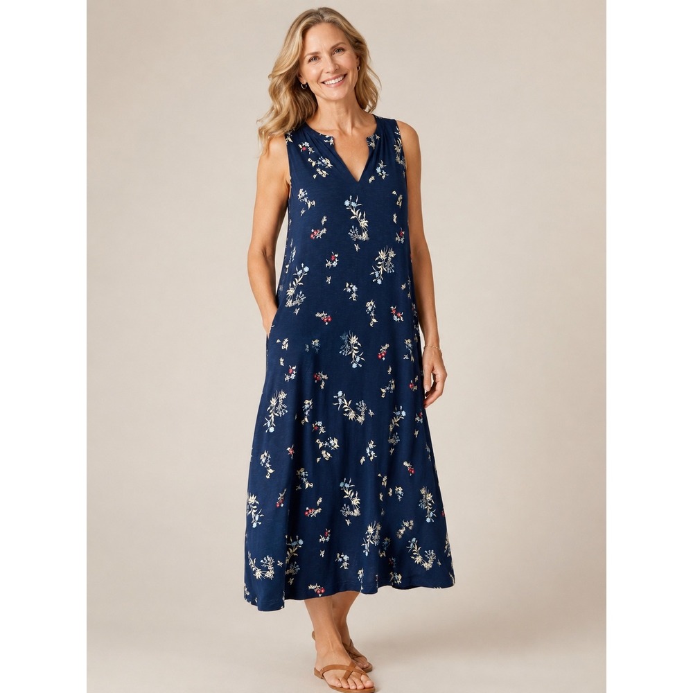 J.Jill Womens Floral Sleeveless Maxi Dress S‎ Petite Boho Cottagecore Navy Blue